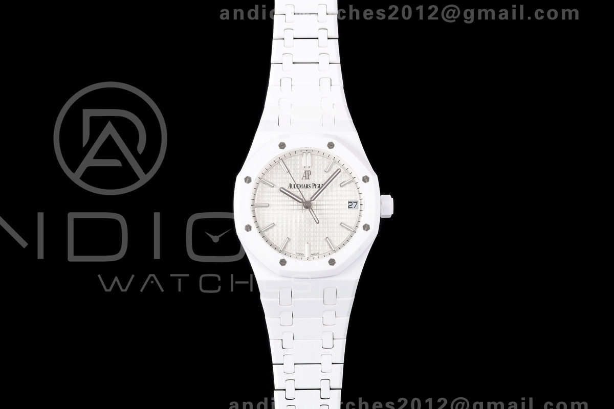 Royal Oak 41mm 15500 White Ceramic ZF White Dial on White Ceramic Bracelet SA4302 Super Clone (Free Sprung)